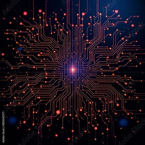 Fototapeta A glowing digital circuit board with intricate orange lines and nodes on a dark background, representing technology and connectivity.