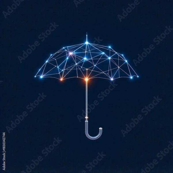 Obraz A digital network umbrella with glowing blue and orange nodes on a dark background, symbolizing protection and connectivity in the modern era.