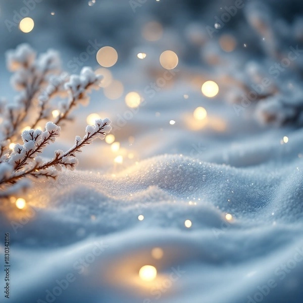 Fototapeta A close-up of sparkling snow and frosted branches illuminated by warm, glowing bokeh lights, creating a magical winter scene.