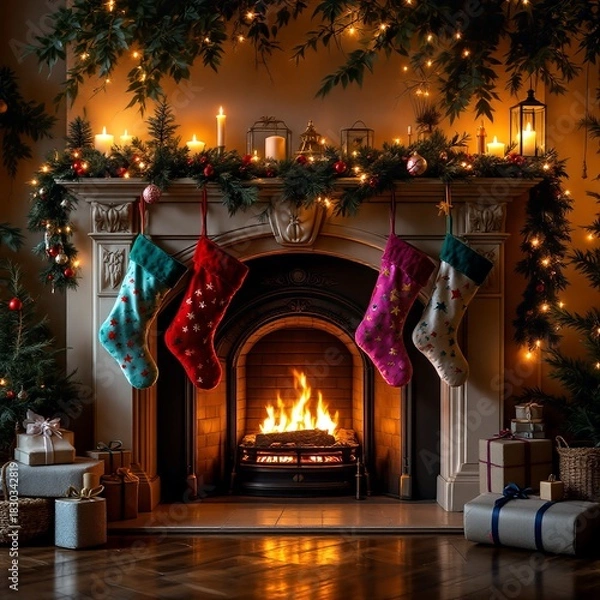 Fototapeta A warm and inviting Christmas scene featuring a fireplace with stockings, festive garlands, twinkling lights, and wrapped presents, creating a cozy holiday atmosphere.