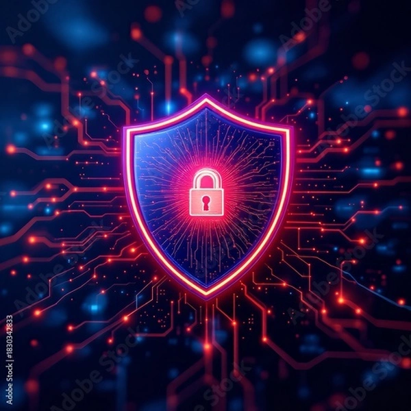 Obraz A glowing digital shield with a padlock symbolizing cybersecurity and data protection on a circuit board background.