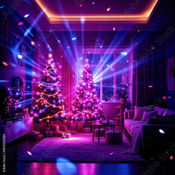 Fototapeta A festive living room with two illuminated Christmas trees and vibrant blue and purple laser lights creating a party atmosphere.