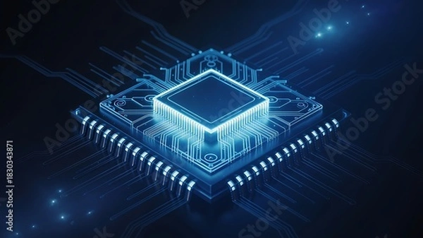 Fototapeta Glowing Blue Microprocessor Chip with Circuitry and Connections