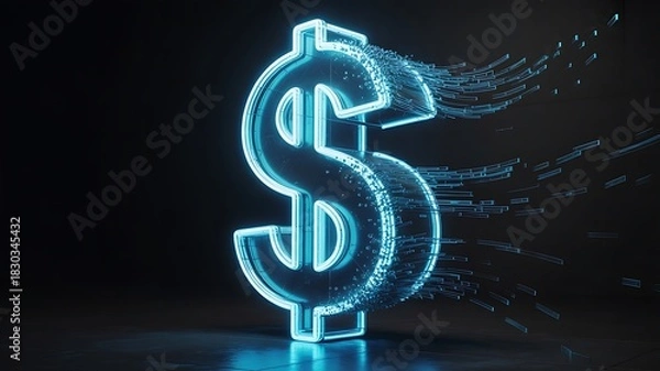 Fototapeta Neon Blue Dollar Sign Dissolving into Digital Particles