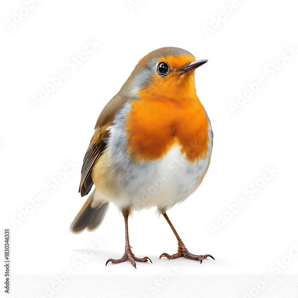 Obraz European robin with orange-red breast and brown plumage standing on white background