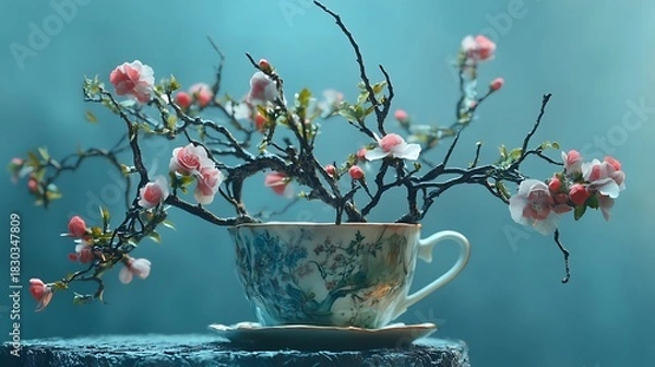 Obraz Surreal tea cup growing branches and blooming flowers