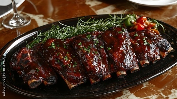 Obraz Sweet and tangy BBQ ribs on a platter