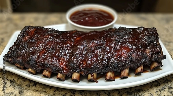 Obraz Sweet and tangy BBQ ribs on a platter