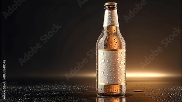 Fototapeta bottle of beer on a black background.Cold Glass Beverage Bottle with Condensation and Blank Label Space Captured in Refreshing High-End Product Scene