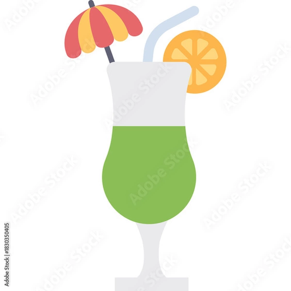Obraz Tall Green Cocktail with Orange Slice and Umbrella Cocktail Drink with Straw and Fruit Garnish Isolated on Transparent Background