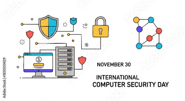 Obraz Illustration concept for International Computer Security Day, showcasing data protection, network safety, and server security with flat line art icons