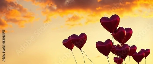Obraz Heart-shaped balloons floating against a sunset sky, symbol, scenic