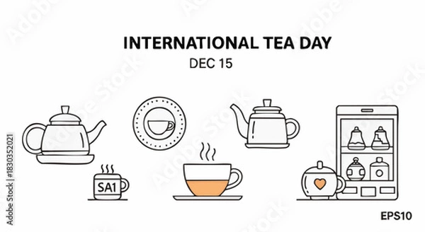 Obraz International Tea Day illustration showing teapots, cups of tea, and a cabinet with tea-related items in a minimalist line art style.