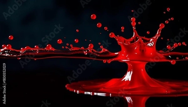 Obraz Crimson liquid splashing, vibrant droplets on dark background,  red,   abstract