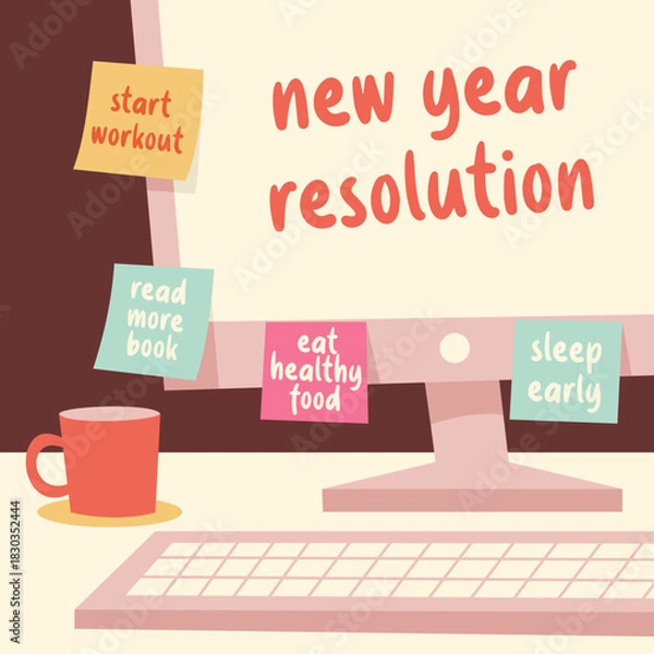 Fototapeta Computer at the desk with the new year resolution notes