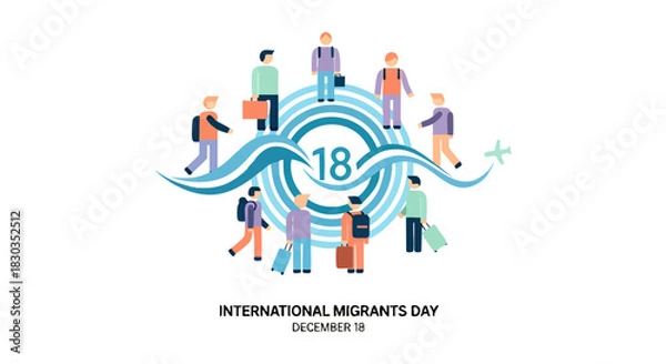 Obraz Vector illustration celebrating International Migrants Day on December 18, featuring a diverse community of people traveling globally