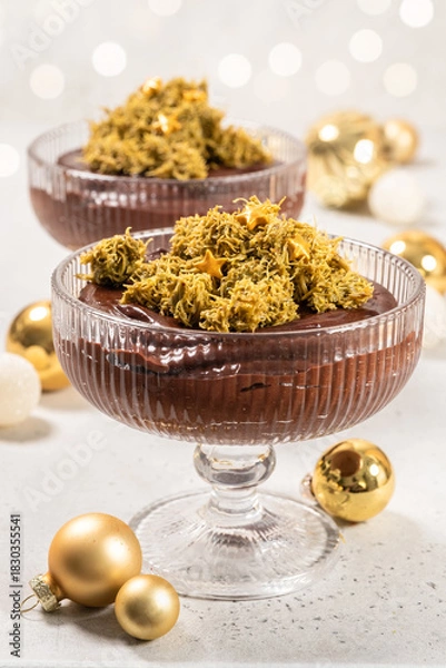 Fototapeta Celebrate with chocolate mousse topped with Dubai pistachio kataifi crust for a festive Christmas party