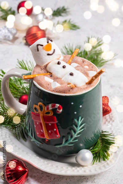 Fototapeta Cozy winter scene with festive hot chocolate topped by a playful snowman in a decorated mug