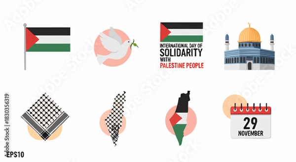 Obraz A collection of illustrations representing Palestinian identity, including the flag, keffiyeh, map, Dome of the Rock, dove, and International Day of Solidarity.