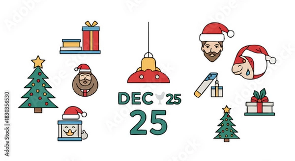 Obraz Christmas themed icons including Santa Claus, Christmas trees, presents, and "Dec 25" text, arranged on a white background.