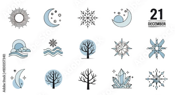 Obraz A collection of winter-themed line art icons including sun, moon, stars, snowflakes, waves, trees, crystals, and the date December 21st.
