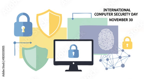 Obraz Modern abstract illustration representing global cybersecurity and data protection, featuring secure networks, digital privacy, and online safety elements with locks and shields