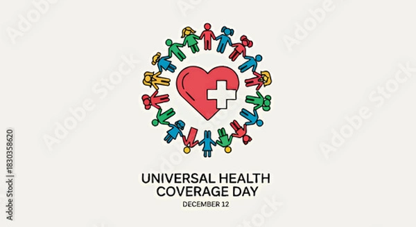 Obraz Illustration for Universal Health Coverage Day featuring a heart with a plus sign surrounded by diverse figures holding hands in a circle.