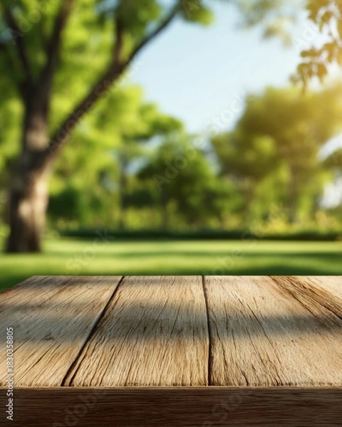 Obraz Smooth wooden table surface in the foreground overlooking a sunlit green park in soft blur.