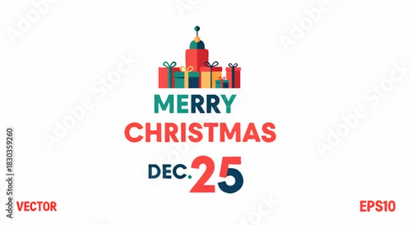 Obraz Merry Christmas graphic featuring a stylized building topped with a star and surrounded by colorful wrapped gifts, with the date December 25.