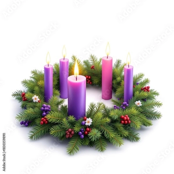 Obraz Advent wreath with five candles in evergreen branches decorated with berries and flowers one candle lit
