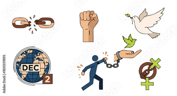 Obraz Illustration depicting freedom and human rights through symbols like a broken chain, raised fist, dove, Earth, and a person breaking free from shackles.