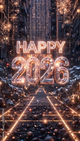 Fototapeta Happy 2026 New Year Fireworks Illustration Bright Colorful Celebration Background with Neon Text, Festive Holiday Greeting Art for Digital Use