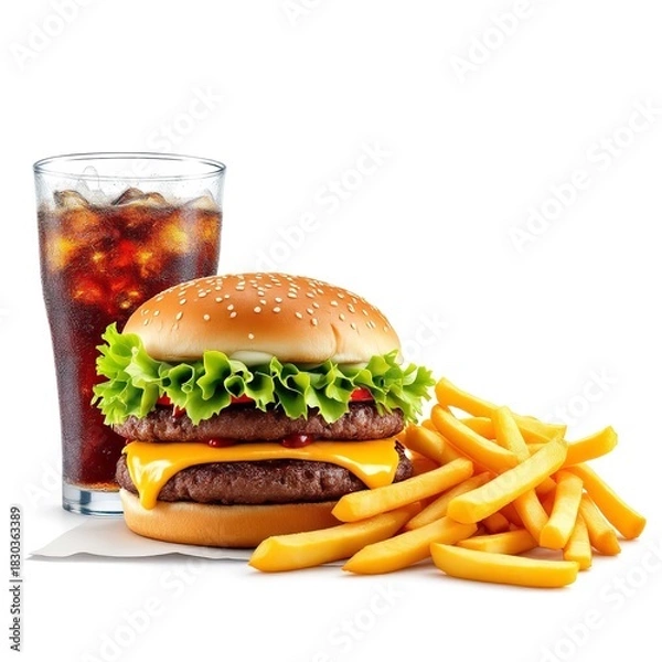 Obraz Classic fast food meal with double cheeseburger crispy fries and iced cola on white background