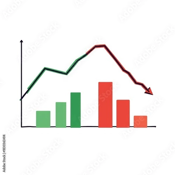 Obraz Bar and line graph showing growth followed by decline with green and red bars and trend line