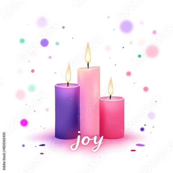 Obraz Three lit candles in purple pink and red with colorful festive dots and cursive joy text on white background