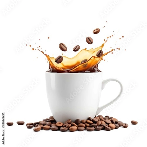 Obraz White ceramic coffee cup with dynamic coffee splash and floating beans on pile of coffee beans