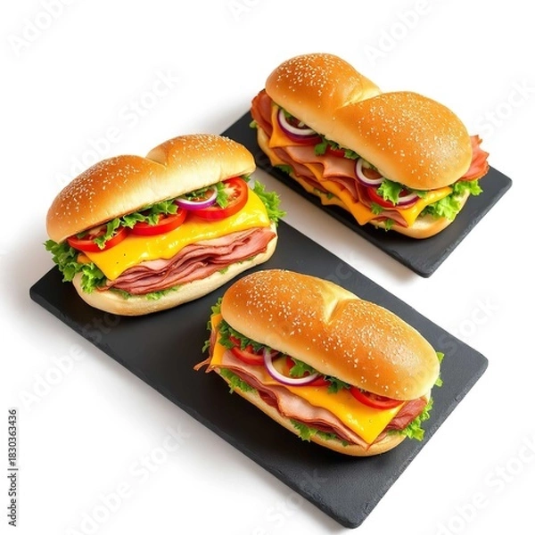 Obraz Three sub-style sandwiches with deli meat cheddar cheese lettuce tomato and onion on black trays
