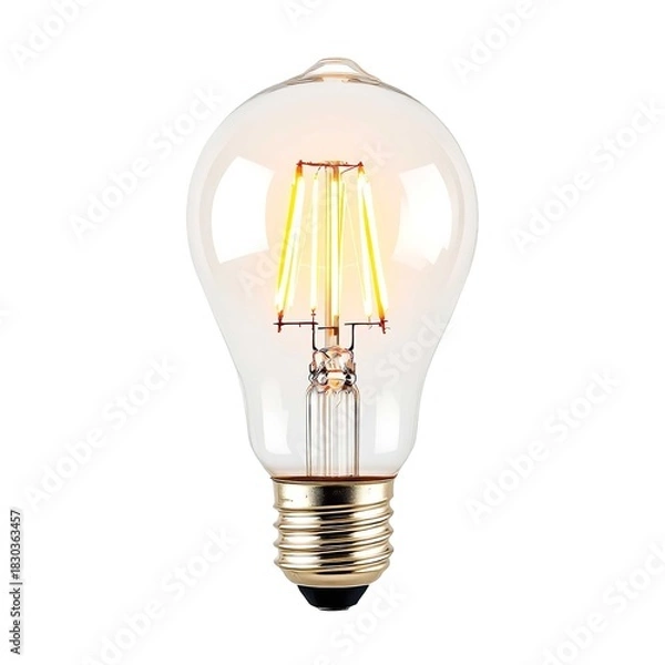Obraz Glowing clear LED light bulb with visible filament and screw base on white background