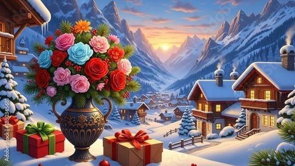 Obraz Cozy Christmas Village at Sunset with Flowers and Holiday Gifts | Winter Wonderland Art