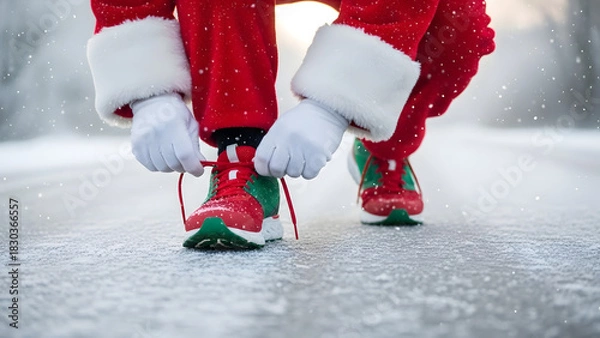 Fototapeta Santa Claus tying running shoes while exercising in the snow  