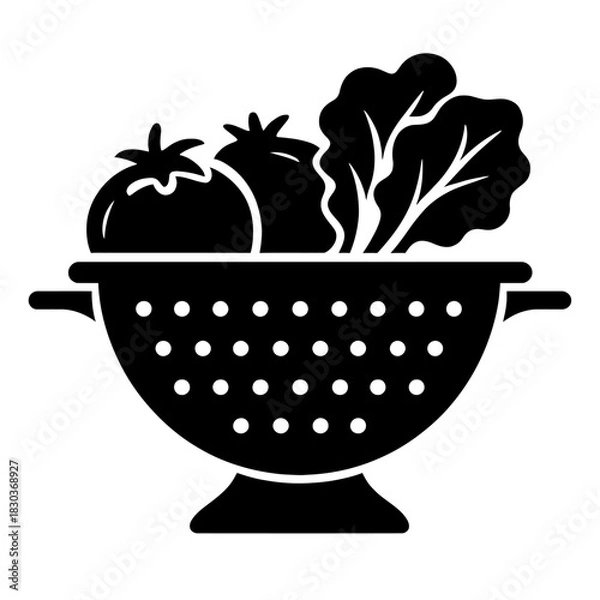 Fototapeta A sleek, minimalist dark mode icon showcasing a colander brimming with fresh, vibrant vegetables, including ripe tomatoes and crisp leafy greens, ready for healthy meal preparation