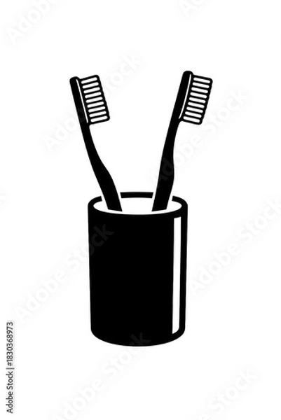 Fototapeta Two toothbrushes standing upright in a simple holder, silhouetted against a softly graduated dark background, symbolizing daily oral hygiene, personal care, and the essential ritual of maintaining