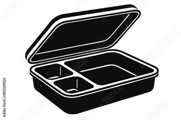 Fototapeta Premium Black Silhouette Icon: Versatile Open Divided Lunch Box with Multiple Compartments, Ideal for Meal Prep, School, Office, and Portable Food Storage, Reusable Bento Style Container for Healthy