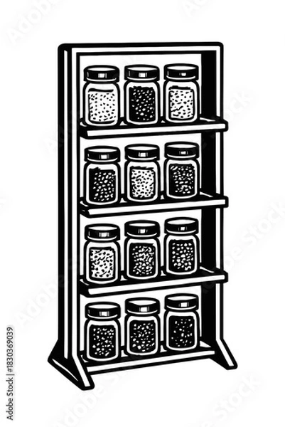 Fototapeta Monochrome line art depicting a multi-tiered spice rack with twelve organized jars of diverse granular spices and aromatic herbs. Ideal for kitchen organization, pantry storage