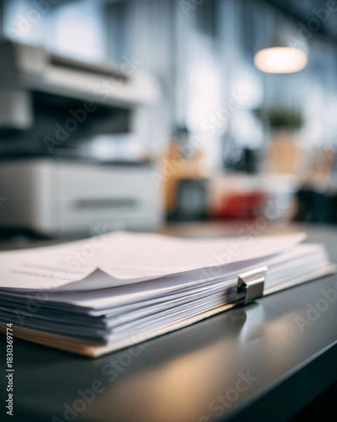Obraz Thick folder of documents resting on an office counter with blurred workspace in the background.