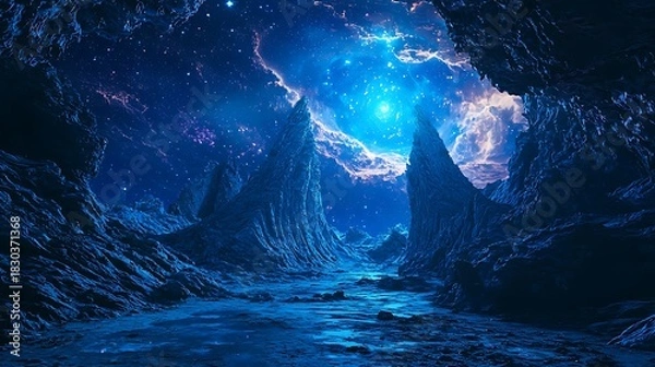Fototapeta Mystical alien canyon under glowing nebula high resolution picture