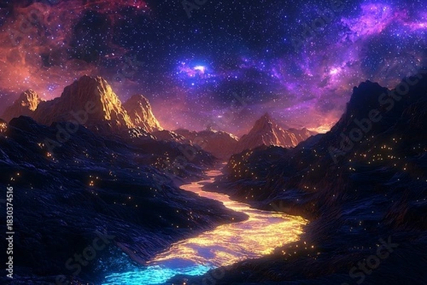 Fototapeta Unreal mountains glowing with cosmic brilliance high resolution picture