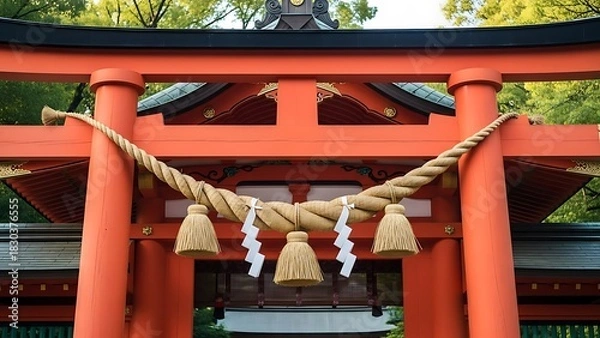 Fototapeta Traditional Japanese Torii Gate with Shimenawa Rope and Bells.