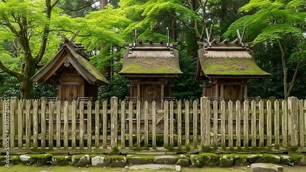 Obraz Tranquil Japanese Shrine Row Behind Wooden Fence.