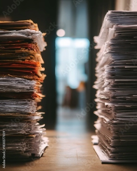 Obraz Messy paper pile on a table.